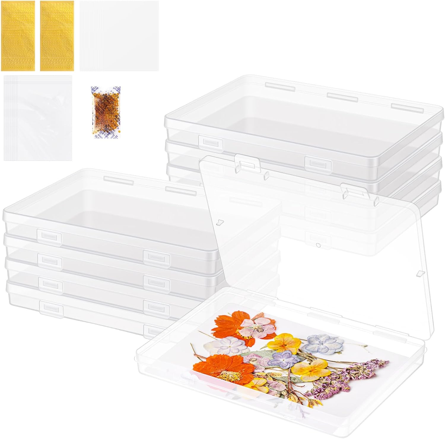 218 Pcs 8 Set Dried Flower Storage Kit with 8 Storage Boxes, 100 Blotting Paper, 100 Self Adhesive Bag, 2 Letter Sticker 8 Desiccant Pressing Flower Preservation to Keep Color and Dry